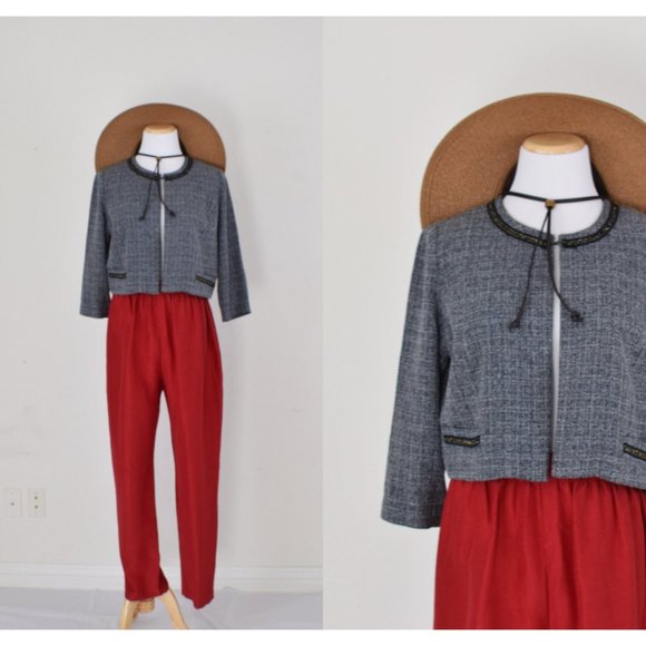 Vintage Micro Plaid Crop Jacket | 80s polyester jacket size 10 - Picture 1 of 10